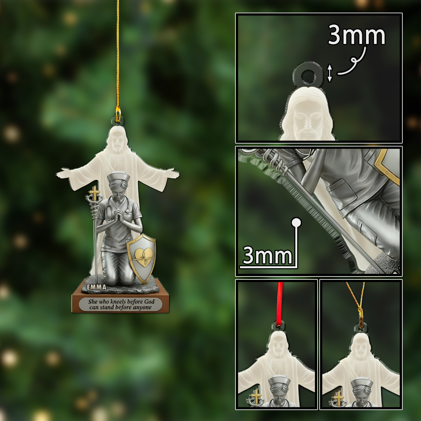 She Kneeling Before God Ornament – Personalized Christian Name Ornament with Bible Verse, Faith-Based Religious Gift, God Protect Nurse Gift