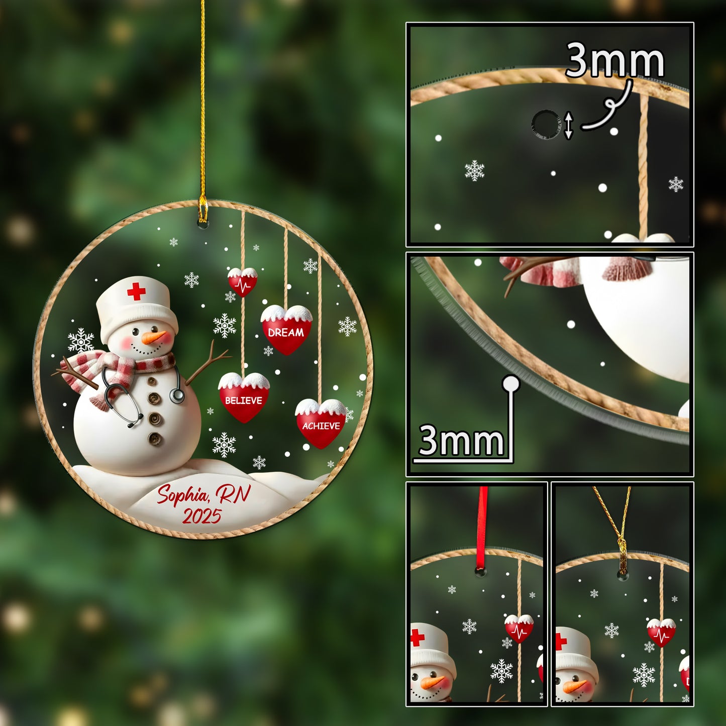 Dream Believe Achieve Nurse Ornament, Personalized Acrylic Christmas Gift for Nurse, Inspiring Keepsake for Nurse Appreciation, Nurse Ornament