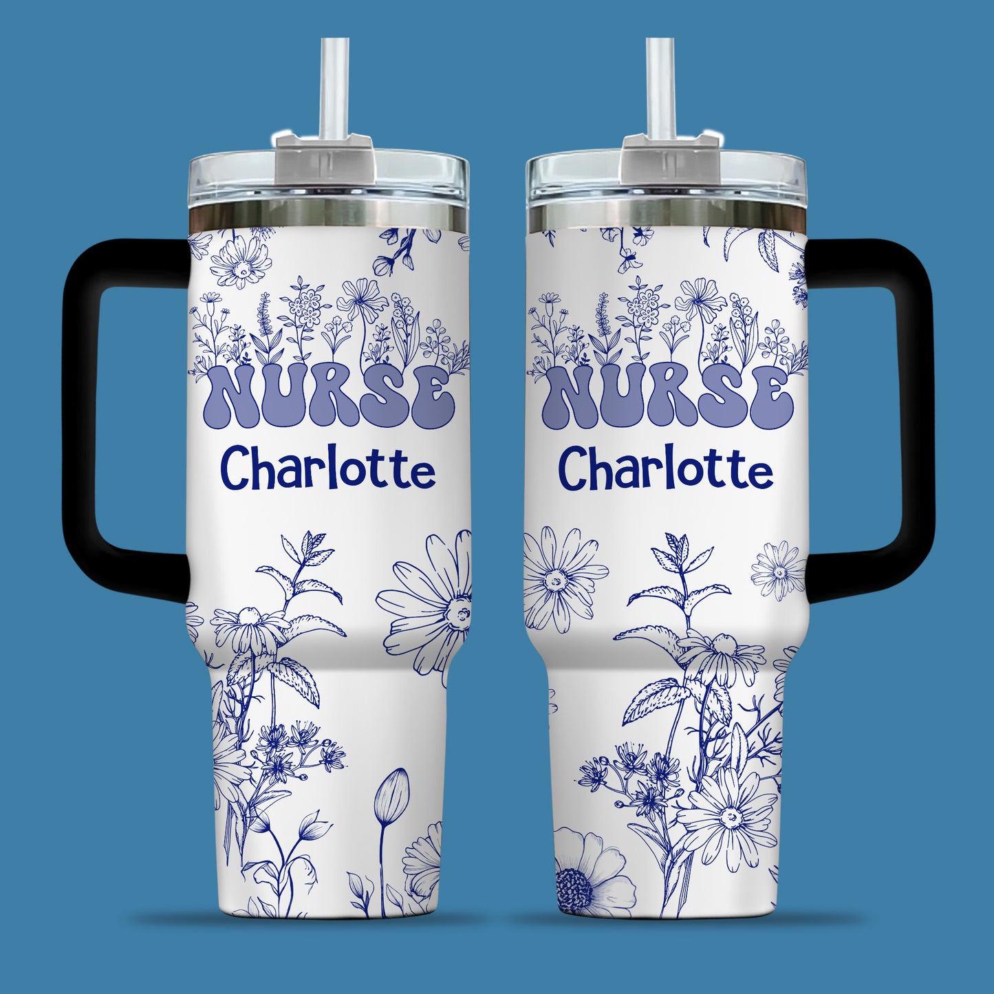 Floral Nurse 40oz Tumbler, Personalized Floral Nurse Tumbler: Travel Mug with Handle, Nurse Doctor - Blue Floral - Nurse Appreciation