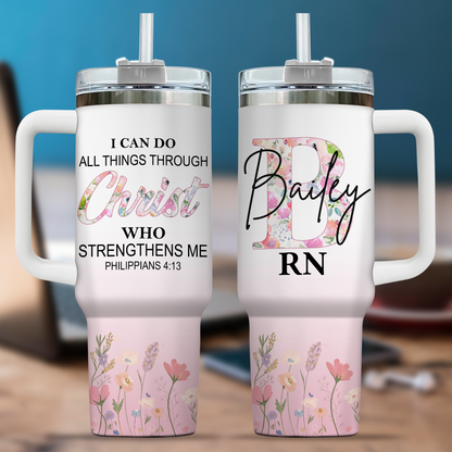 I Can Do All Things Nurse 40oz Tumbler – Christian Inspirational Stainless Steel Cup, RN Gift, Nursing Student Gift, Healthcare Worker Gift