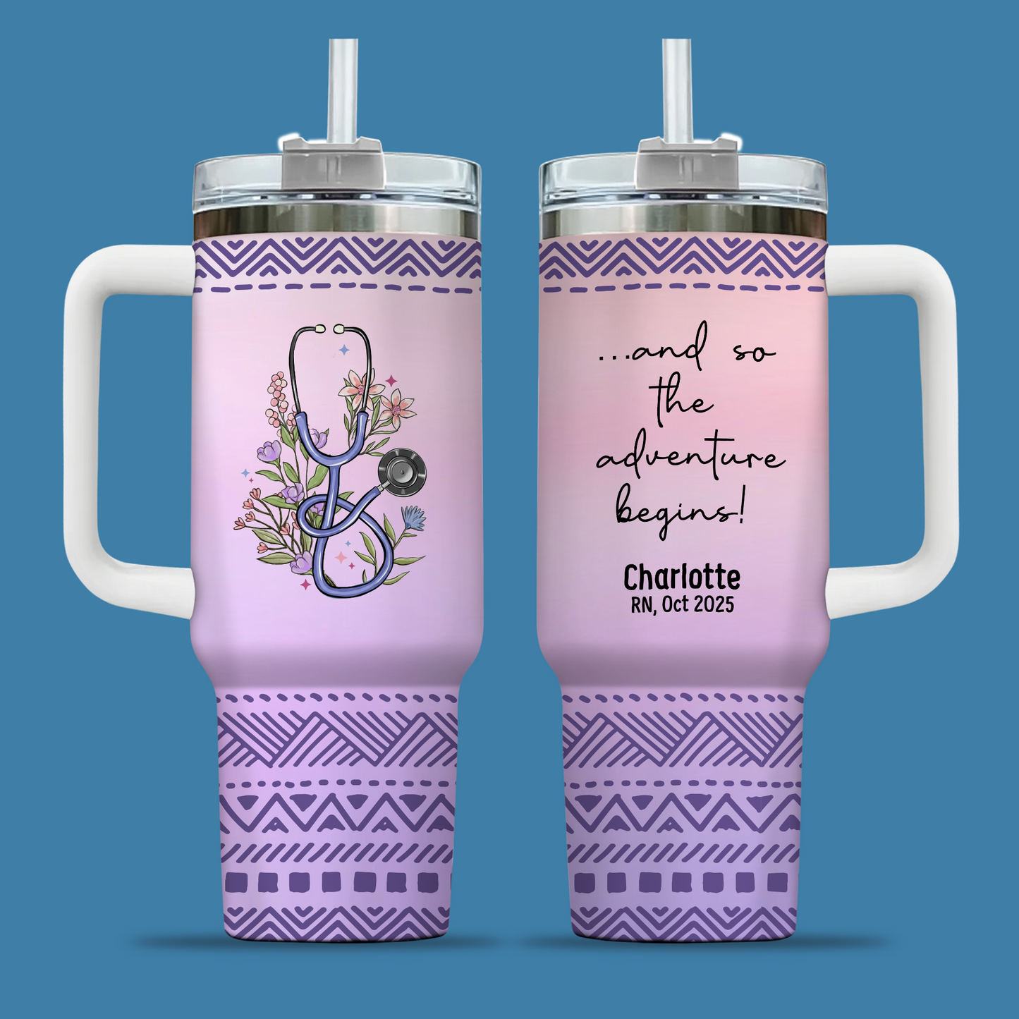 And So The Adventure Begins Nurse 40oz Tumbler – Personalized Stainless Steel Travel Cup, Nurse Graduation Gift, Reusable Coffee Mug