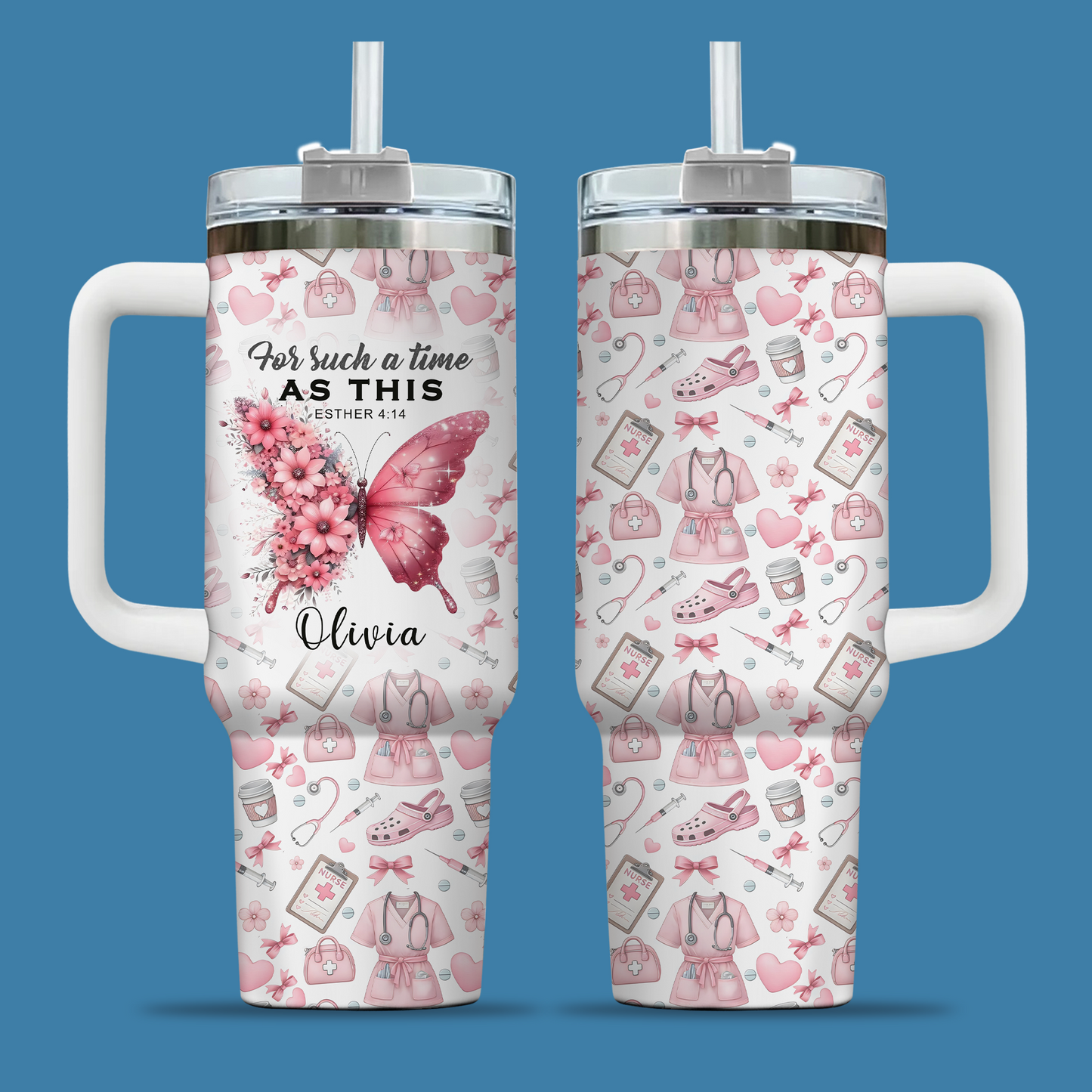 For Such A Time As This Nurse Tumbler - Pink Butterfly Floral 40oz Cup, Inspirational Gift for RN Nurse Christian Nursing Tumbler,Nurse Gift