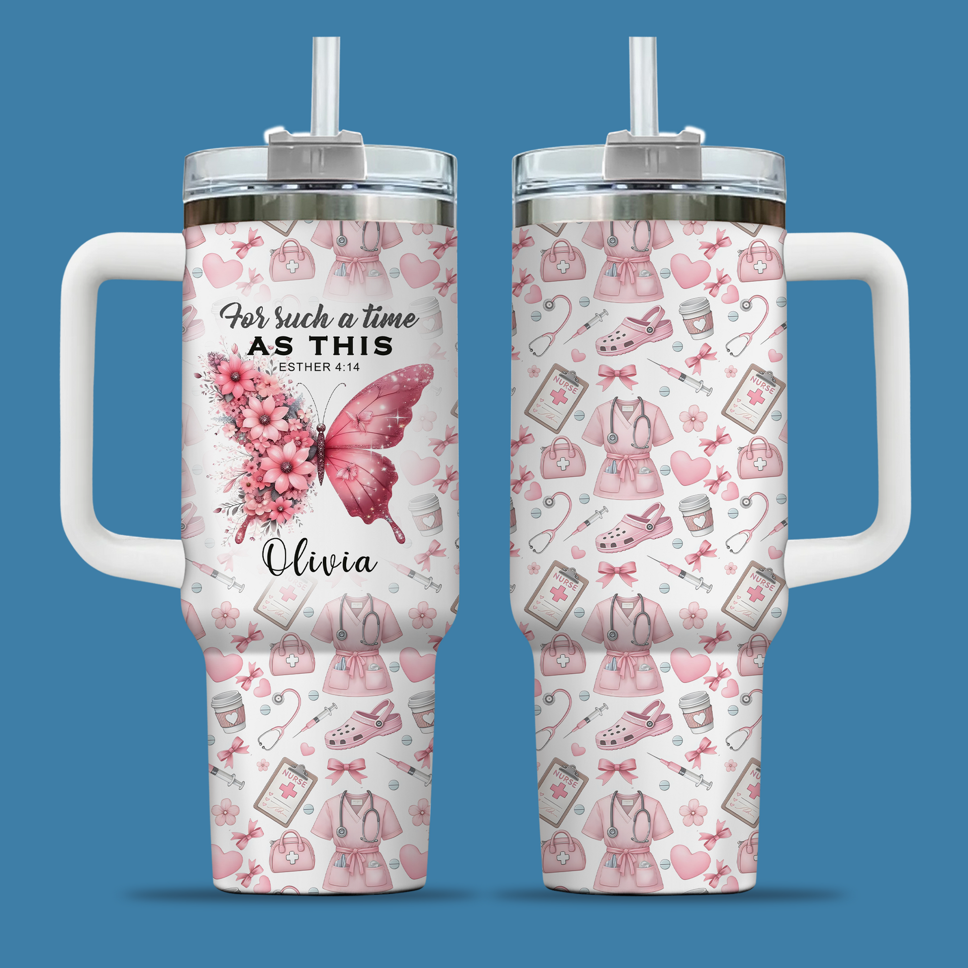 For Such A Time As This Nurse Tumbler - Pink Butterfly Floral 40oz Cup, Inspirational Gift for RN Nurse Christian Nursing Tumbler,Nurse Gift