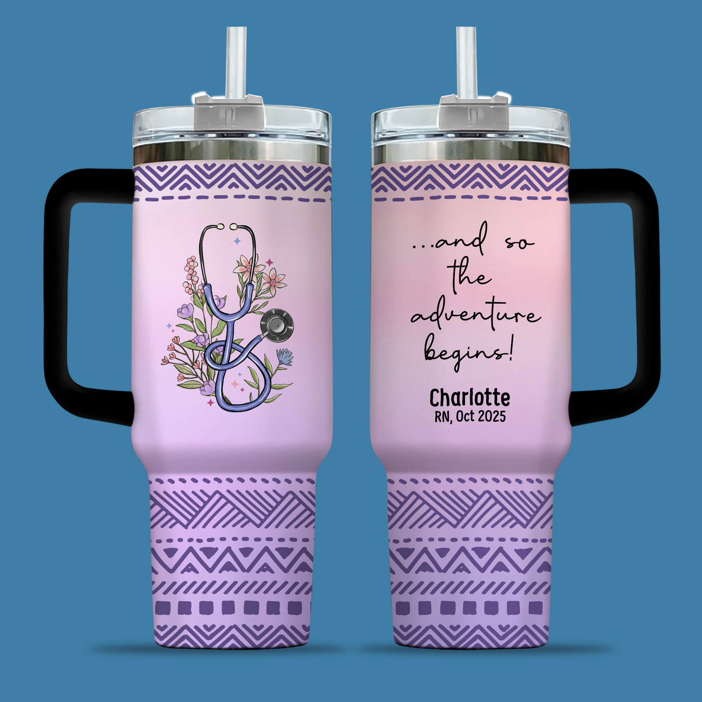 And So The Adventure Begins Nurse 40oz Tumbler – Personalized Stainless Steel Travel Cup, Nurse Graduation Gift, Reusable Coffee Mug