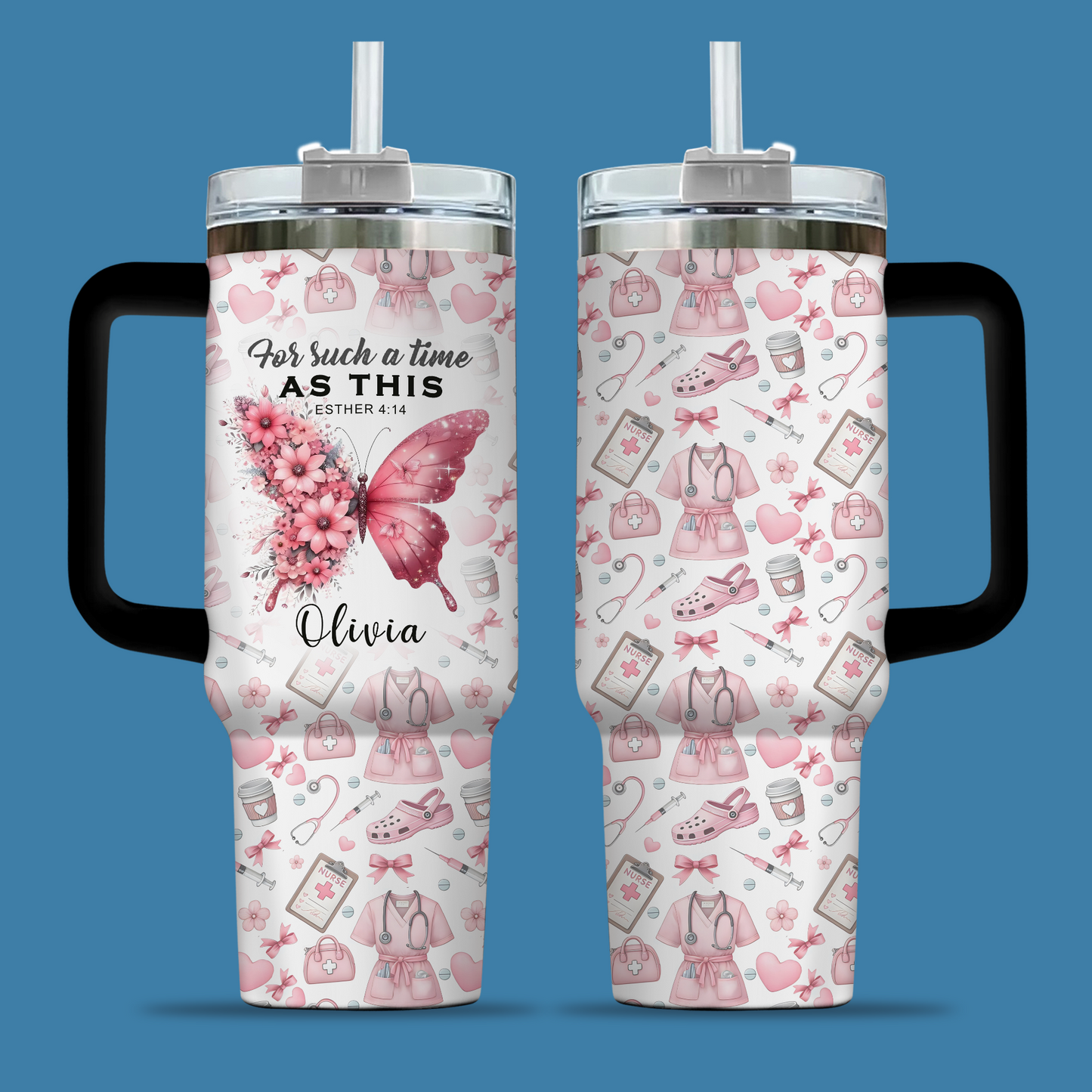 For Such A Time As This Nurse Tumbler - Pink Butterfly Floral 40oz Cup, Inspirational Gift for RN Nurse Christian Nursing Tumbler,Nurse Gift