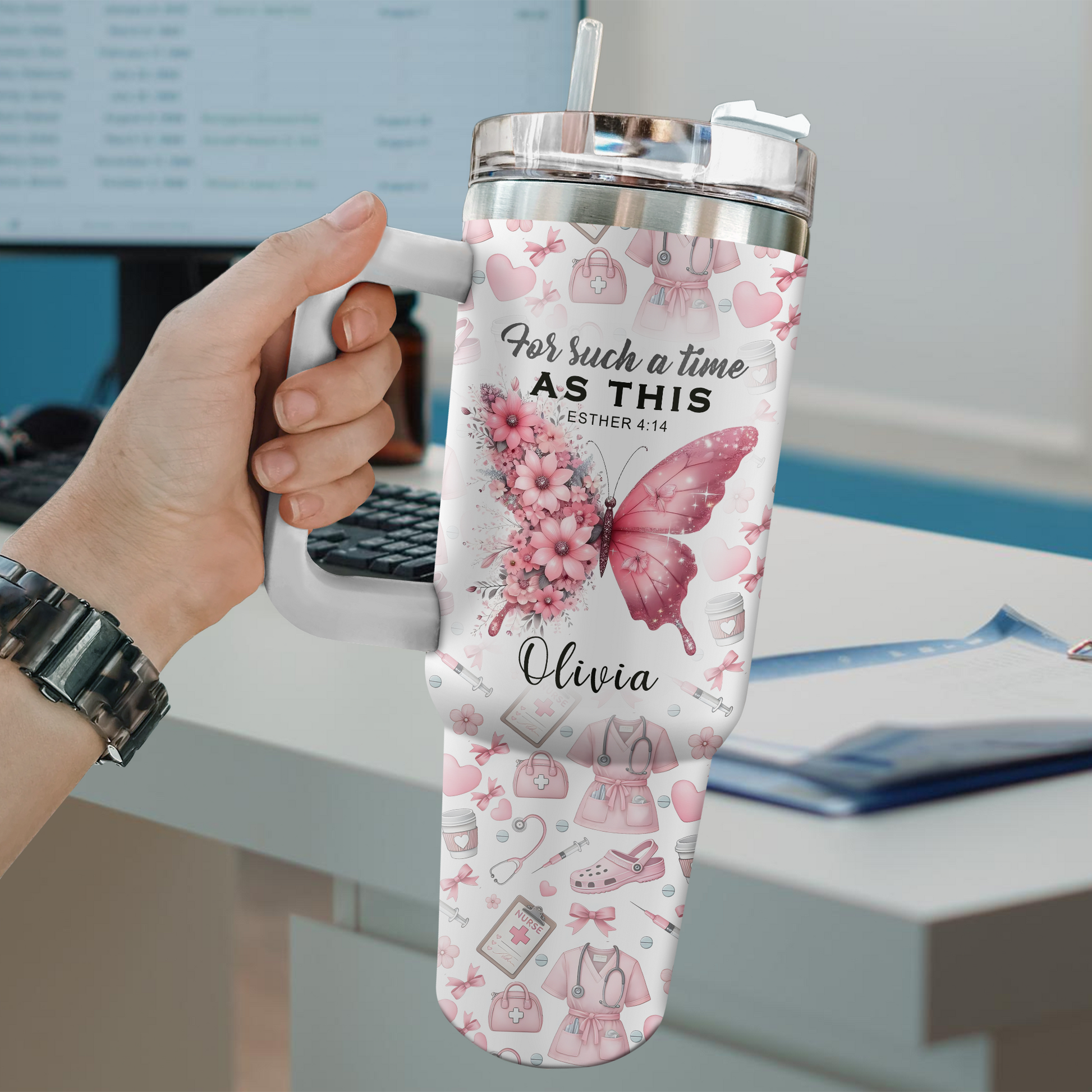 For Such A Time As This Nurse Tumbler - Pink Butterfly Floral 40oz Cup, Inspirational Gift for RN Nurse Christian Nursing Tumbler,Nurse Gift