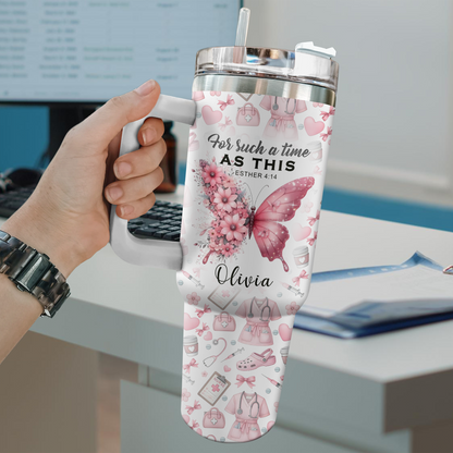 For Such A Time As This Nurse Tumbler - Pink Butterfly Floral 40oz Cup, Inspirational Gift for RN Nurse Christian Nursing Tumbler,Nurse Gift