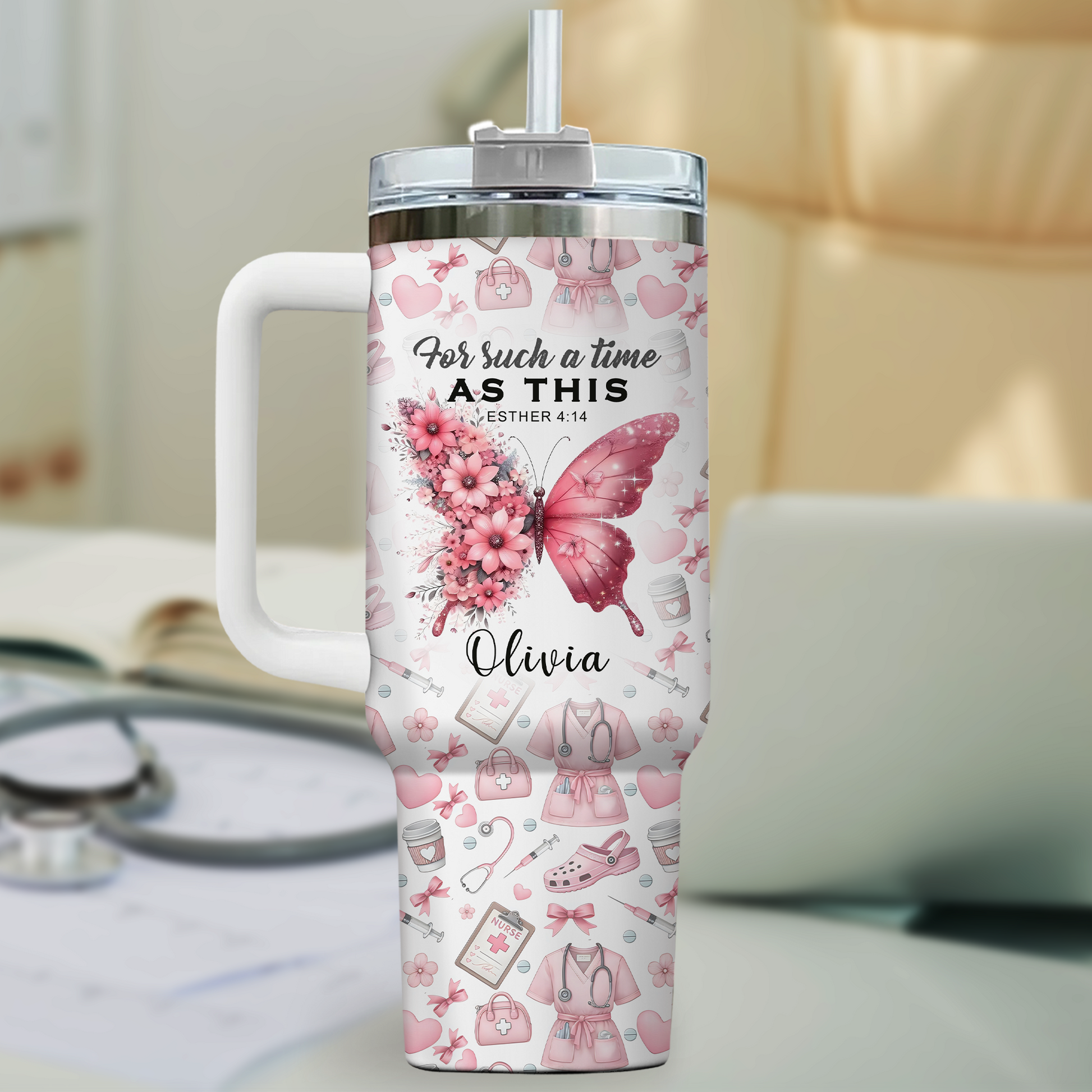 For Such A Time As This Nurse Tumbler - Pink Butterfly Floral 40oz Cup, Inspirational Gift for RN Nurse Christian Nursing Tumbler,Nurse Gift