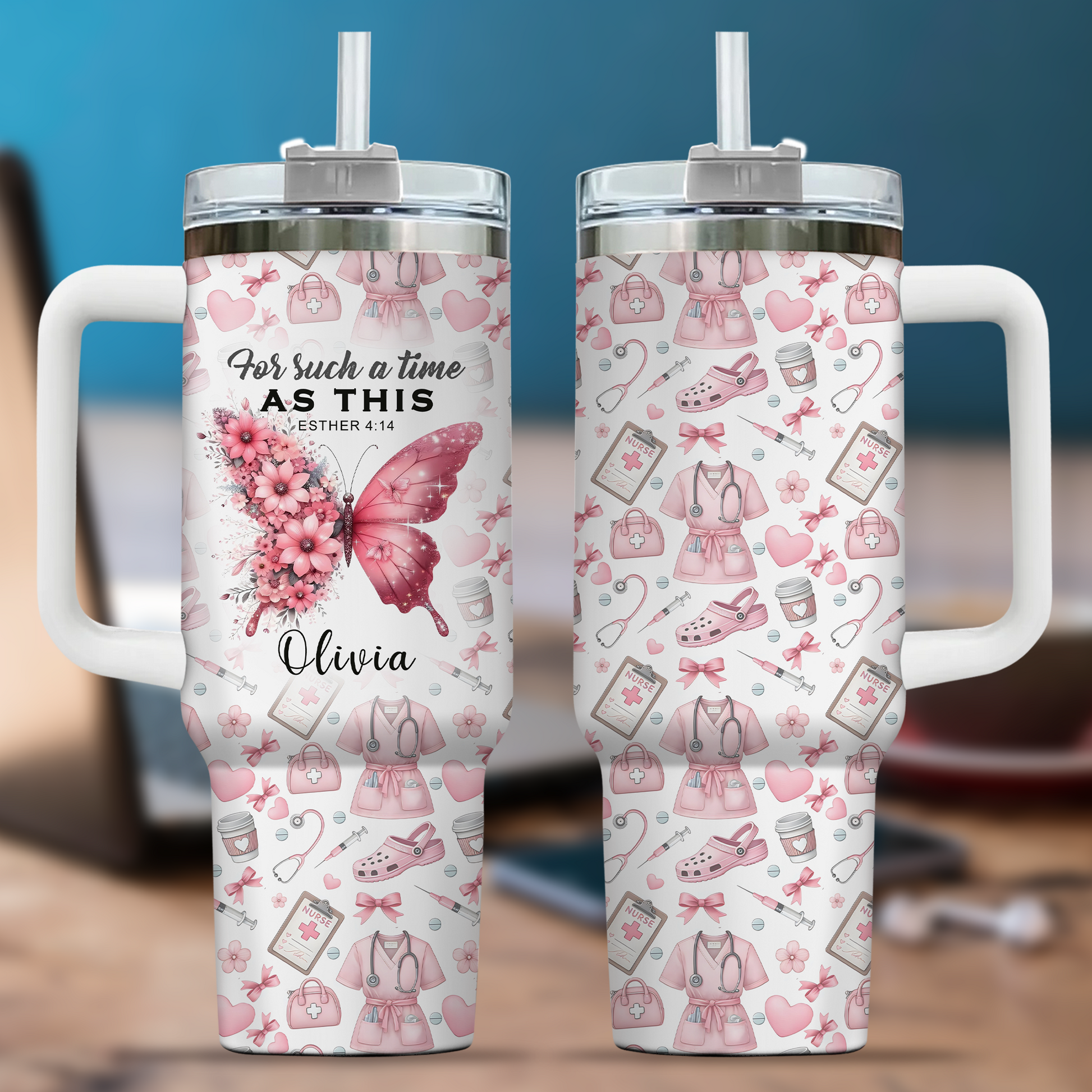 For Such A Time As This Nurse Tumbler - Pink Butterfly Floral 40oz Cup, Inspirational Gift for RN Nurse Christian Nursing Tumbler,Nurse Gift