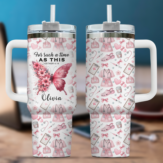 For Such A Time As This Nurse Tumbler - Pink Butterfly Floral 40oz Cup, Inspirational Gift for RN Nurse Christian Nursing Tumbler,Nurse Gift