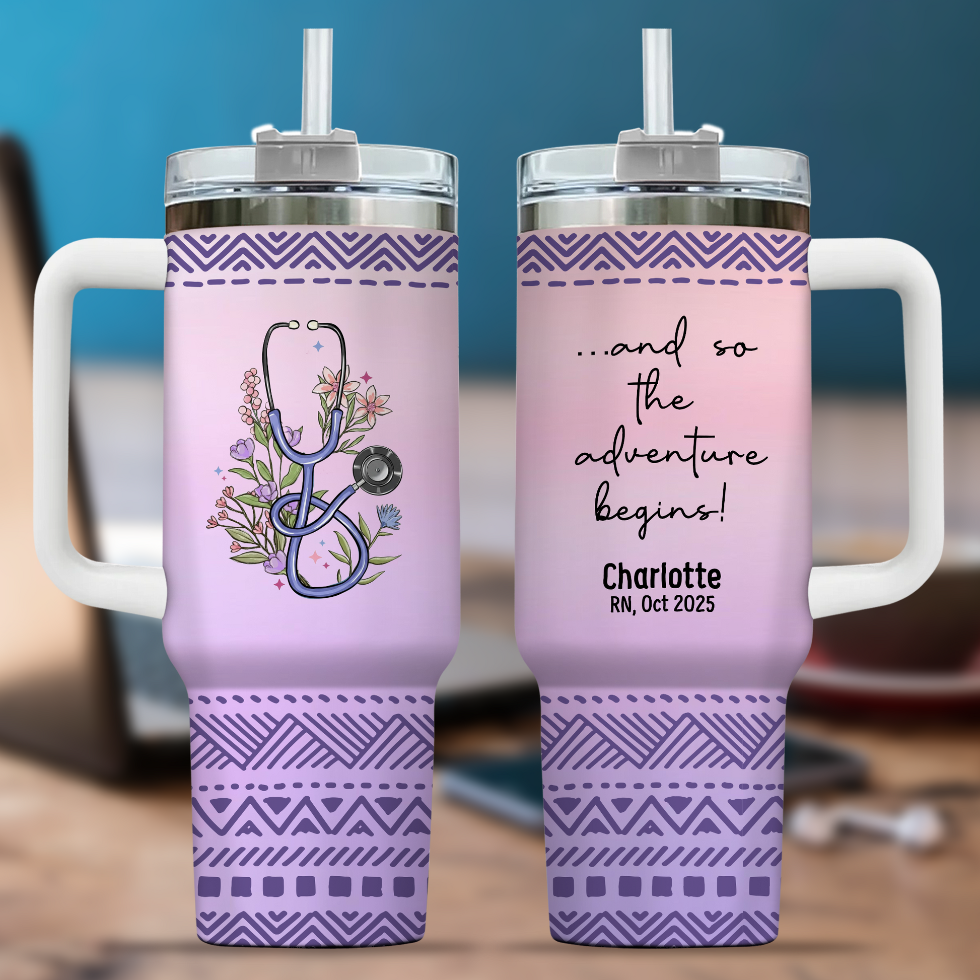 And So The Adventure Begins Nurse 40oz Tumbler – Personalized Stainless Steel Travel Cup, Nurse Graduation Gift, Reusable Coffee Mug