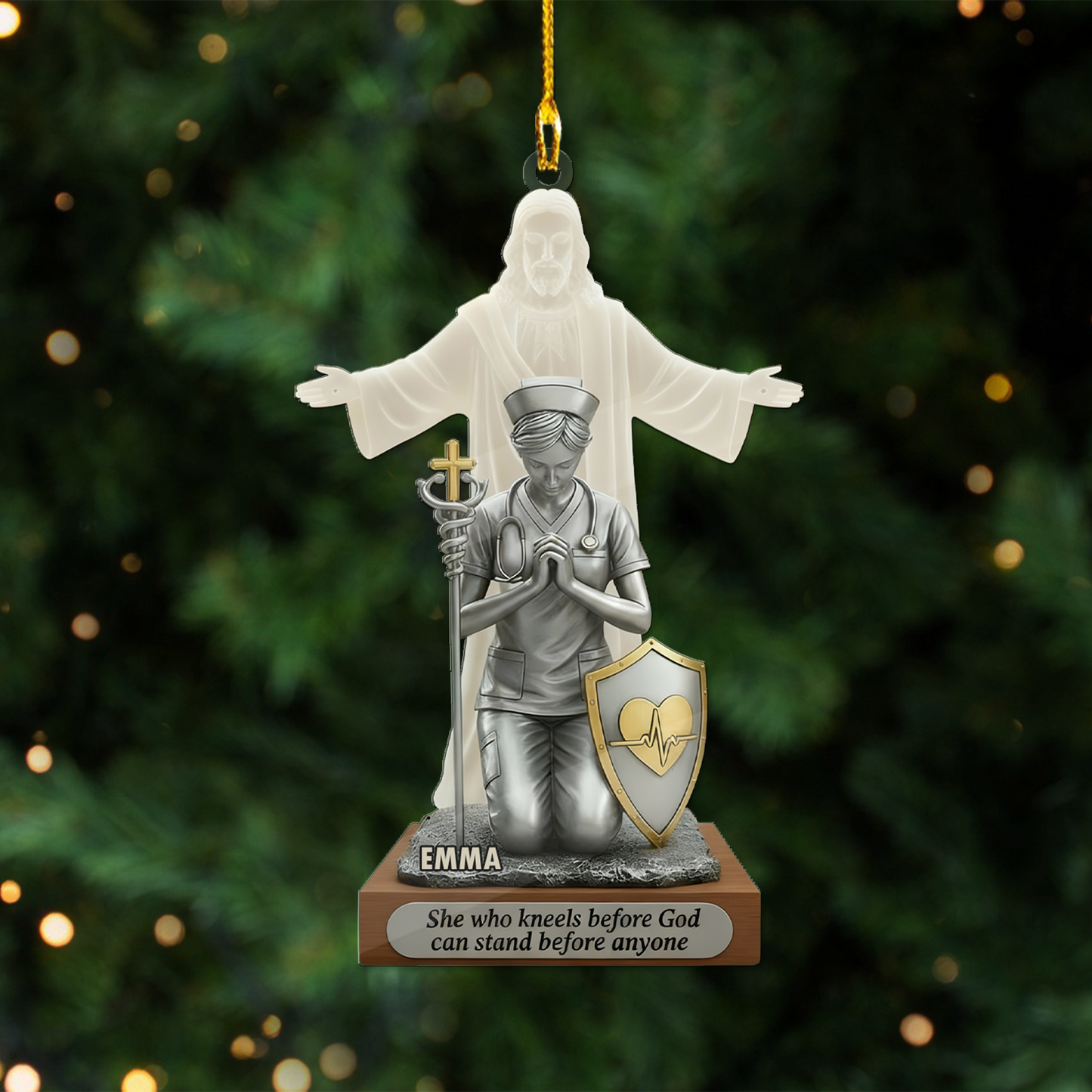 She Kneeling Before God Ornament – Personalized Christian Name Ornament with Bible Verse, Faith-Based Religious Gift, God Protect Nurse Gift