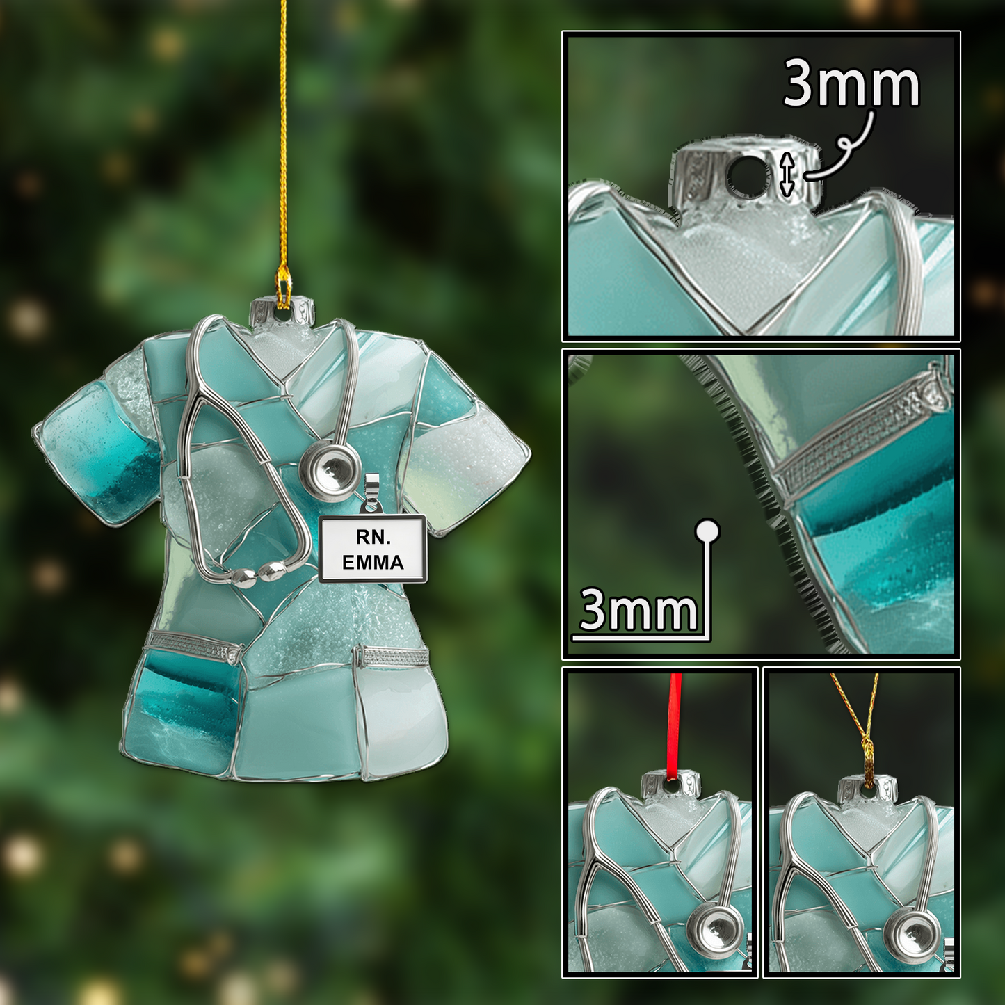 Nurse Scrubs 3D Effect Ornament – Personalized RN Scrub Ornament with Stethoscope, Custom Nurse Christmas Ornament Gift, RN Gift for Nurse