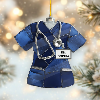 Nurse Scrubs 3D Effect Ornament – Personalized RN Scrub Ornament with Stethoscope, Custom Nurse Christmas Ornament Gift, RN Gift for Nurse