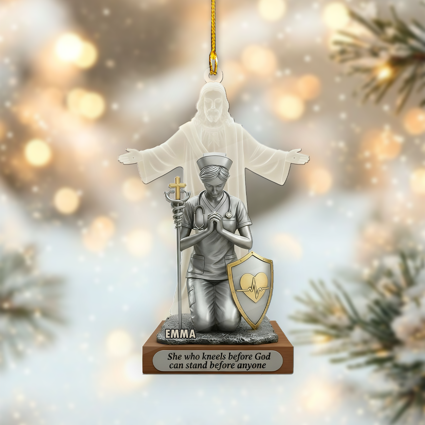 She Kneeling Before God Ornament – Personalized Christian Name Ornament with Bible Verse, Faith-Based Religious Gift, God Protect Nurse Gift