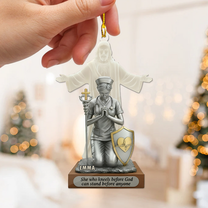 She Kneeling Before God Ornament – Personalized Christian Name Ornament with Bible Verse, Faith-Based Religious Gift, God Protect Nurse Gift