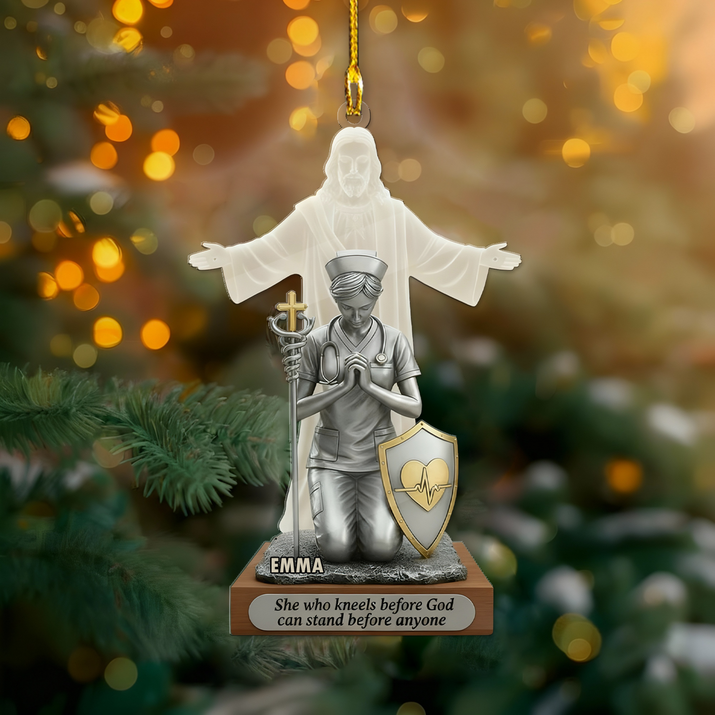 She Kneeling Before God Ornament – Personalized Christian Name Ornament with Bible Verse, Faith-Based Religious Gift, God Protect Nurse Gift