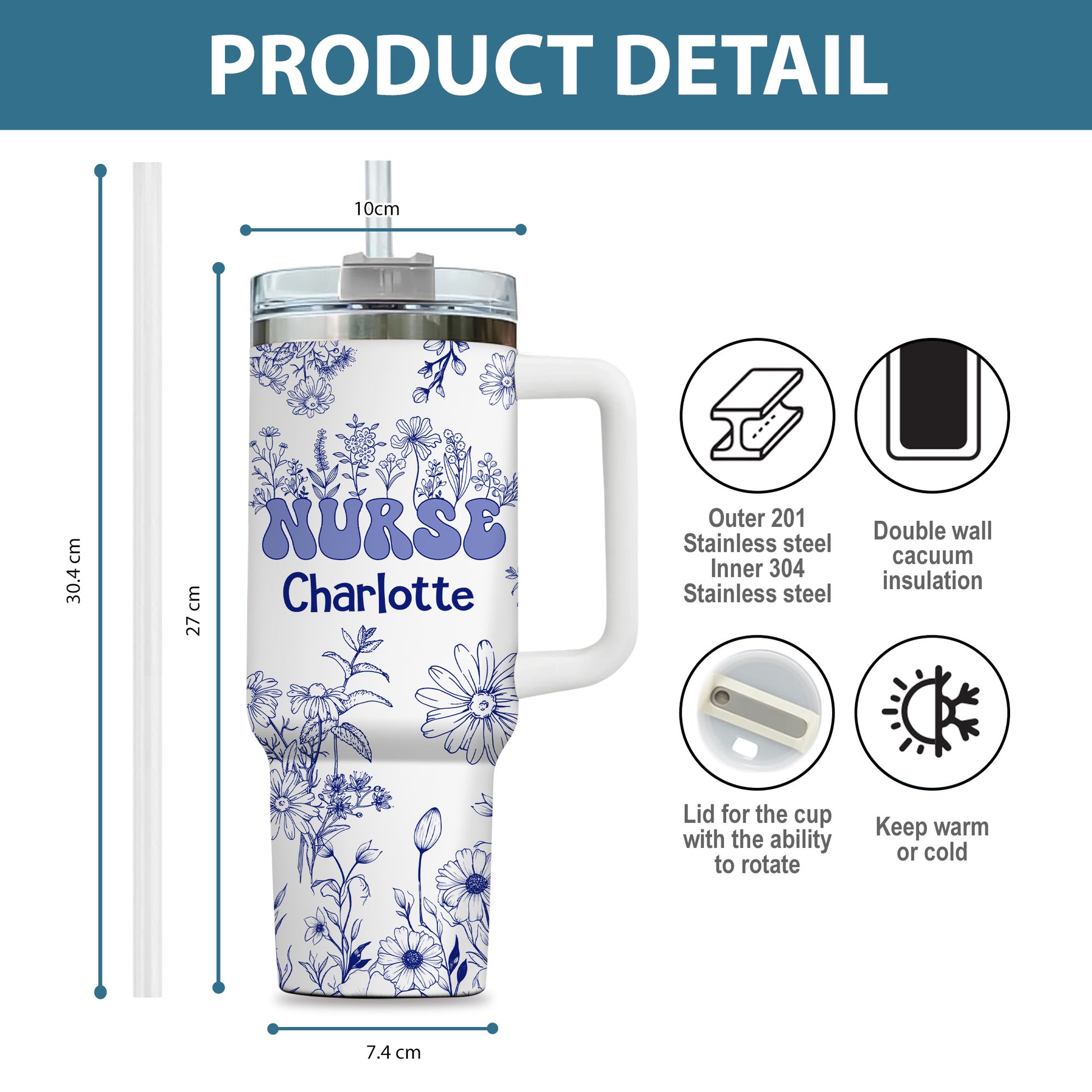 Floral Nurse 40oz Tumbler, Personalized Floral Nurse Tumbler: Travel Mug with Handle, Nurse Doctor - Blue Floral - Nurse Appreciation