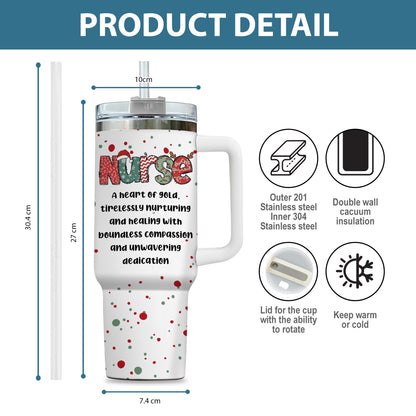 A Heart of Gold Nurse 40oz Tumbler – Personalized Stainless Steel Travel Cup, Nurse Gift, Reusable Coffee Mug for Healthcare or Medical Worker