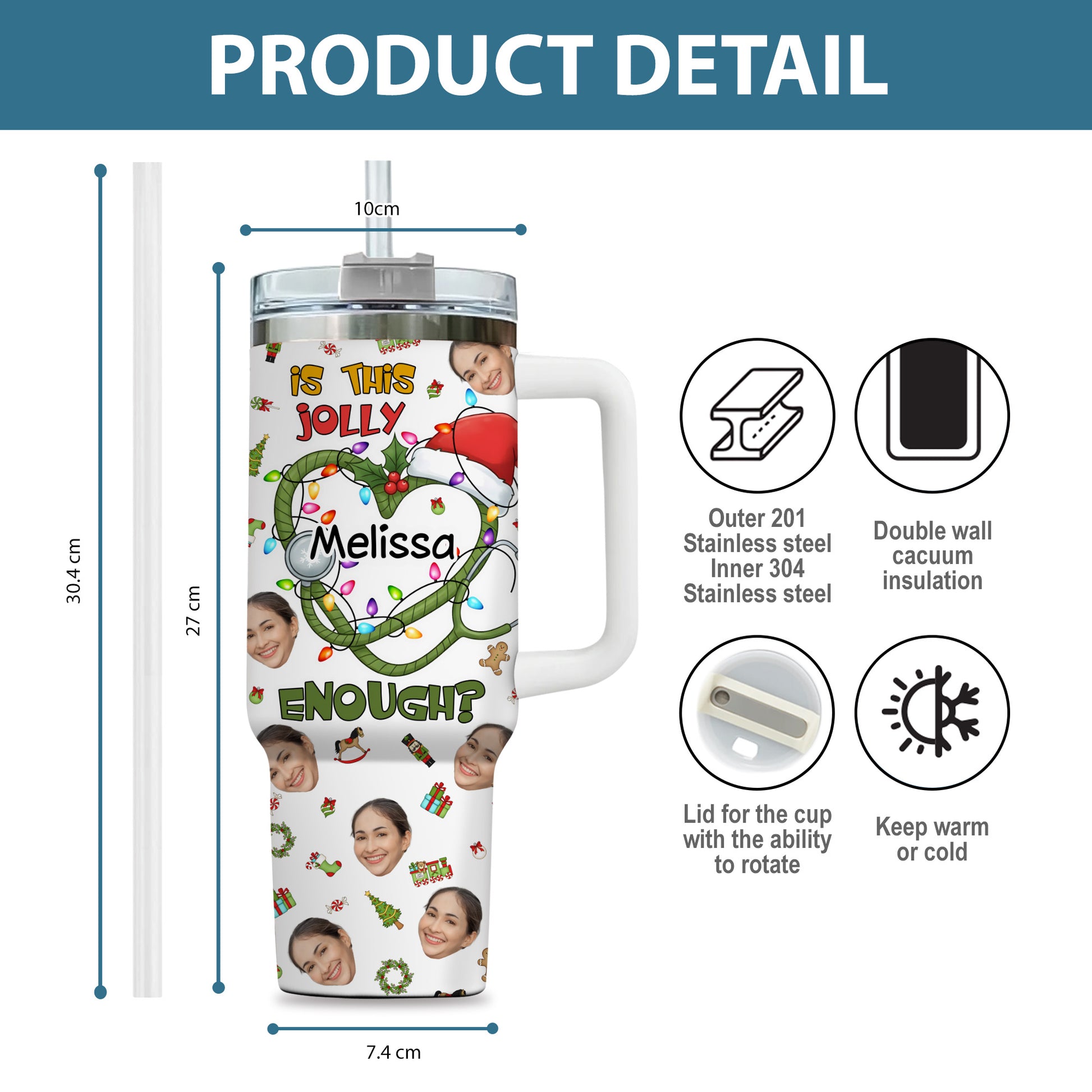 Is This Jolly Enough Heart Nurse 40oz Tumbler, Custom Photo and Name, Christmas Gift for RN Nurse, Holiday Nursing Travel Cup