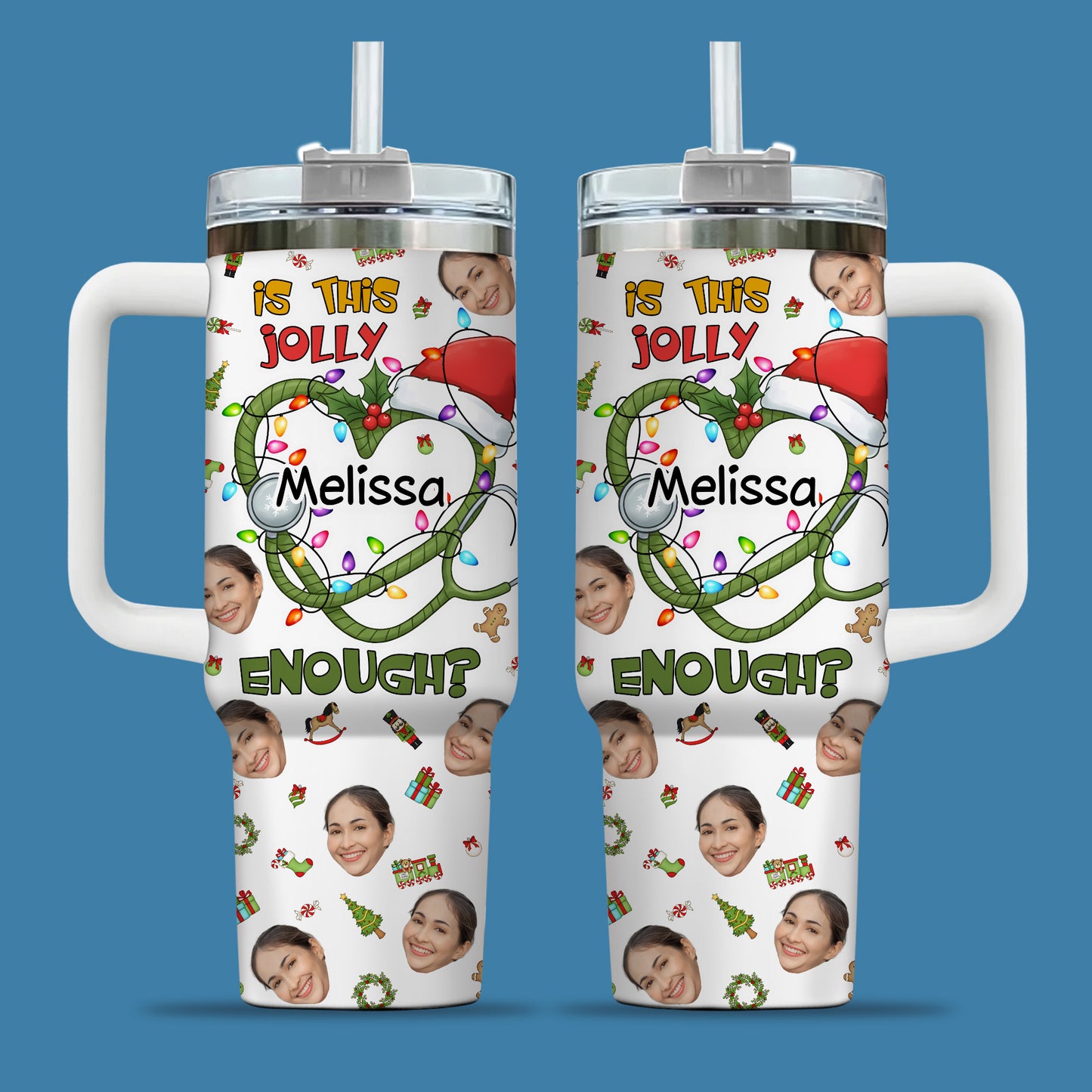 Is This Jolly Enough Heart Nurse 40oz Tumbler, Custom Photo and Name, Christmas Gift for RN Nurse, Holiday Nursing Travel Cup