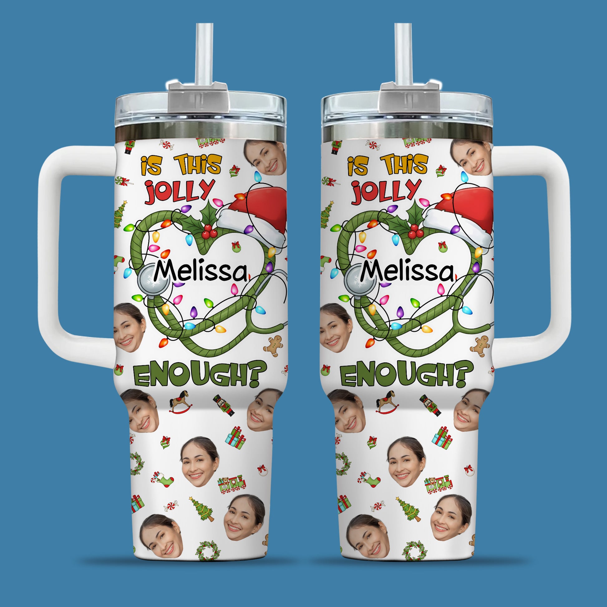 Is This Jolly Enough Heart Nurse 40oz Tumbler, Custom Photo and Name, Christmas Gift for RN Nurse, Holiday Nursing Travel Cup