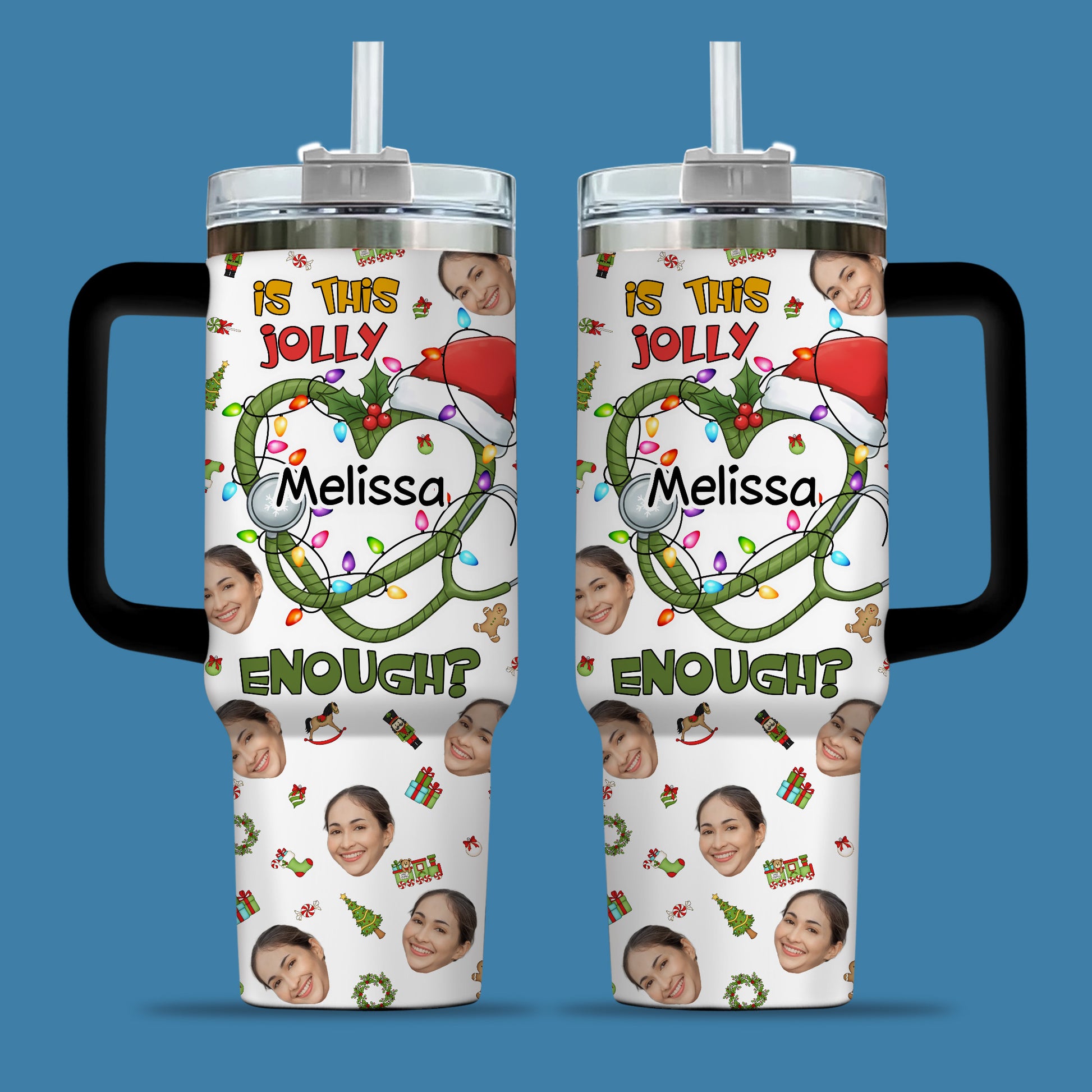 Is This Jolly Enough Heart Nurse 40oz Tumbler, Custom Photo and Name, Christmas Gift for RN Nurse, Holiday Nursing Travel Cup