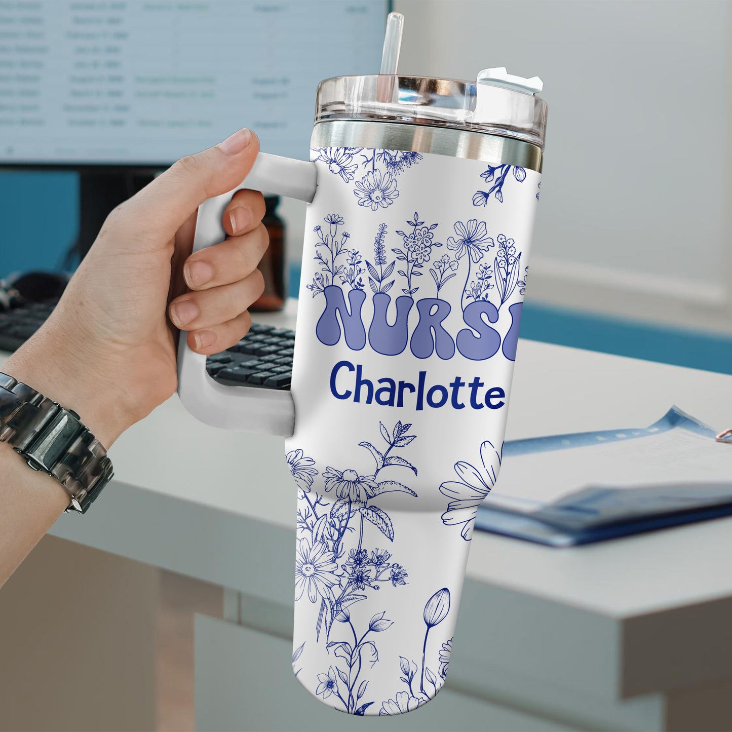 Floral Nurse 40oz Tumbler, Personalized Floral Nurse Tumbler: Travel Mug with Handle, Nurse Doctor - Blue Floral - Nurse Appreciation