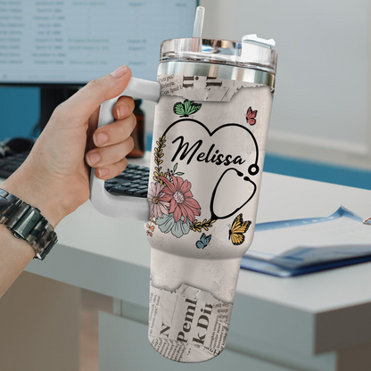 No Matter How Hard the Days Get Nurse 40oz Tumbler, Stethoscope Design, Motivational Gift for RN, Nursing Appreciation Travel Cup With Handle