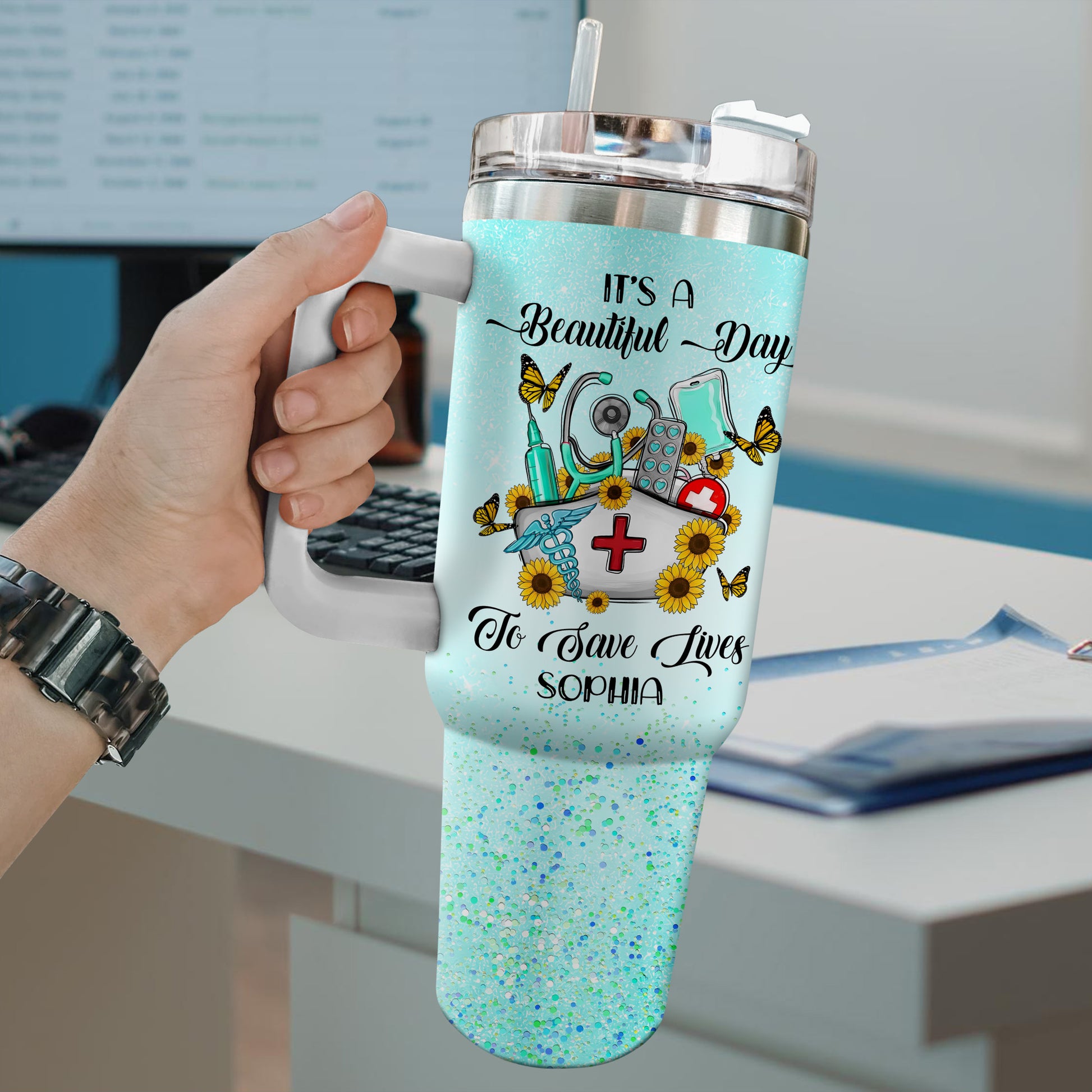 It’s a Beautiful Day to Save Lives 40oz Tumbler – Custom Nurse Gift, Personalized Stainless Steel Travel Cup, Reusable Coffee Mug