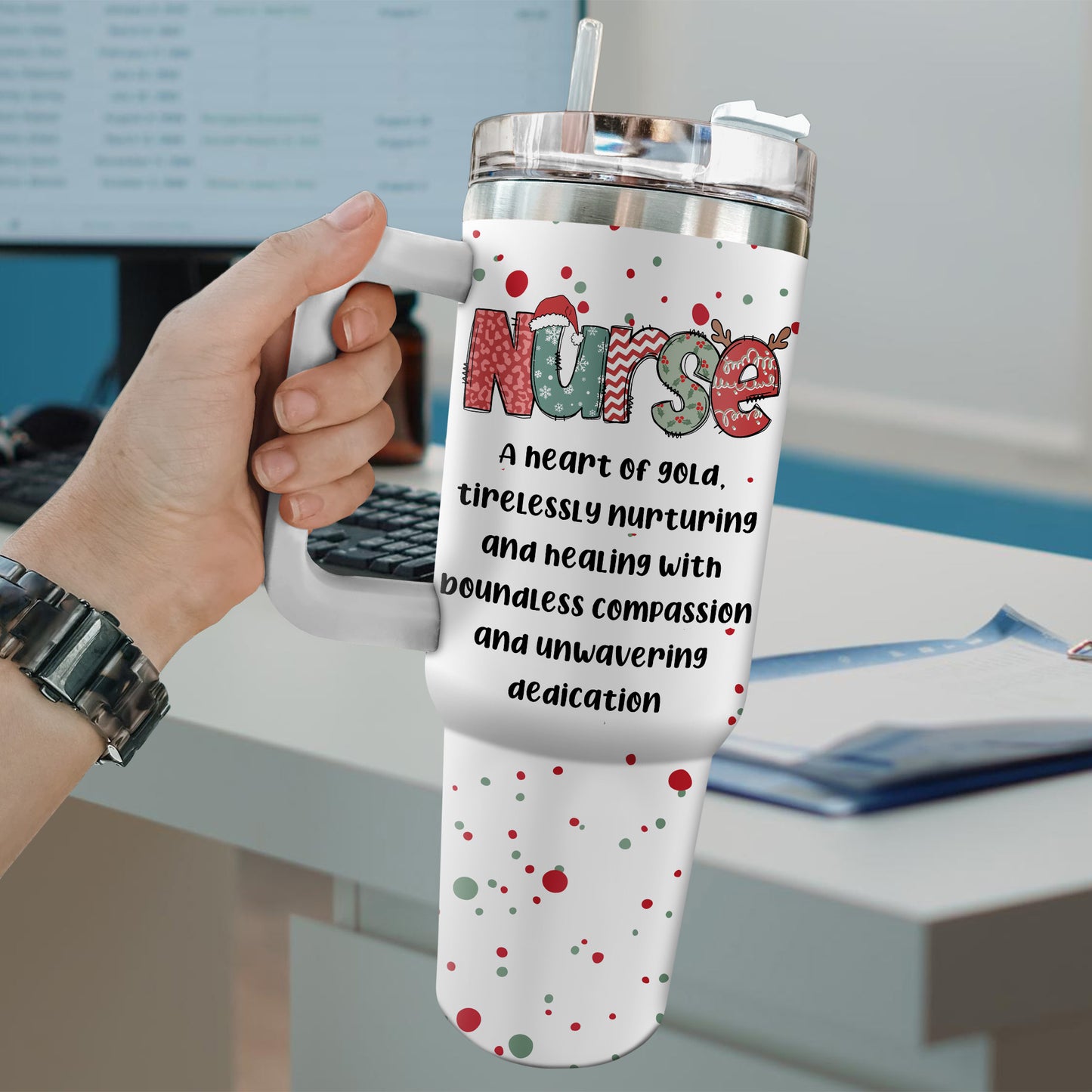 A Heart of Gold Nurse 40oz Tumbler – Personalized Stainless Steel Travel Cup, Nurse Gift, Reusable Coffee Mug for Healthcare or Medical Worker