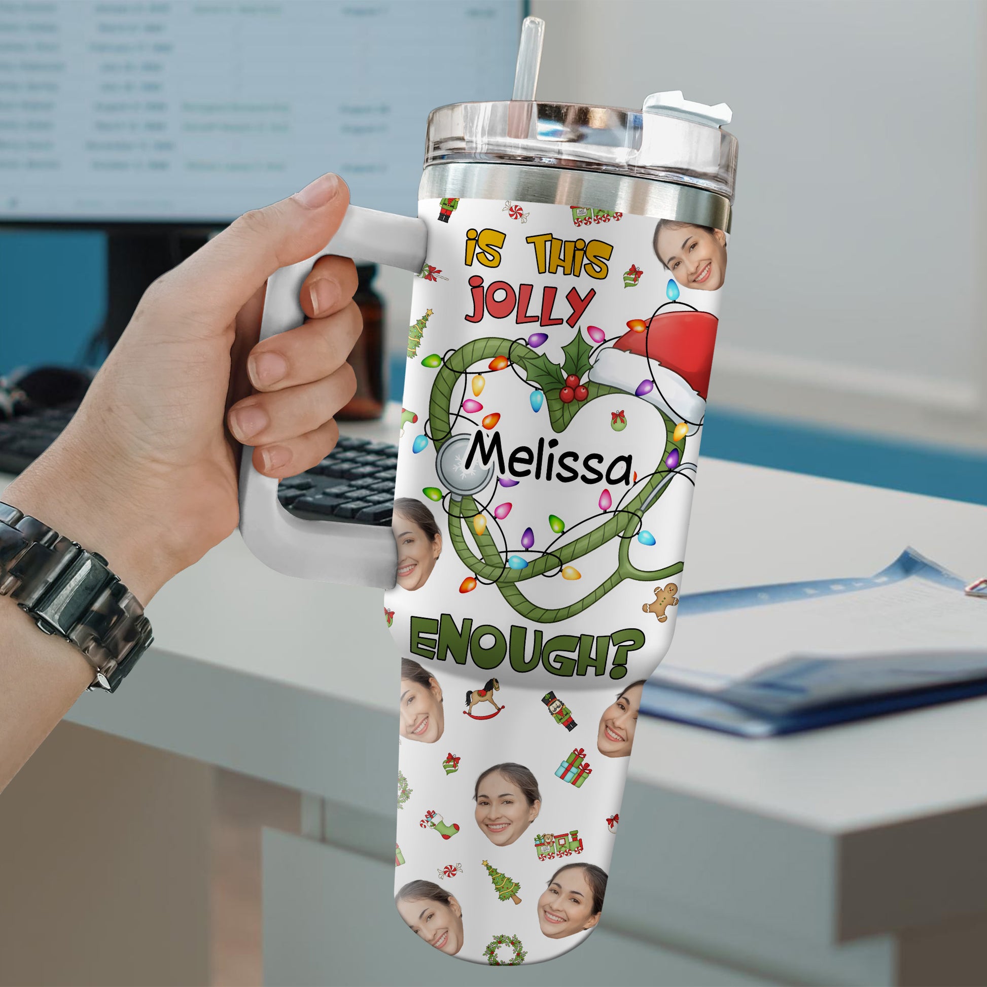 Is This Jolly Enough Heart Nurse 40oz Tumbler, Custom Photo and Name, Christmas Gift for RN Nurse, Holiday Nursing Travel Cup