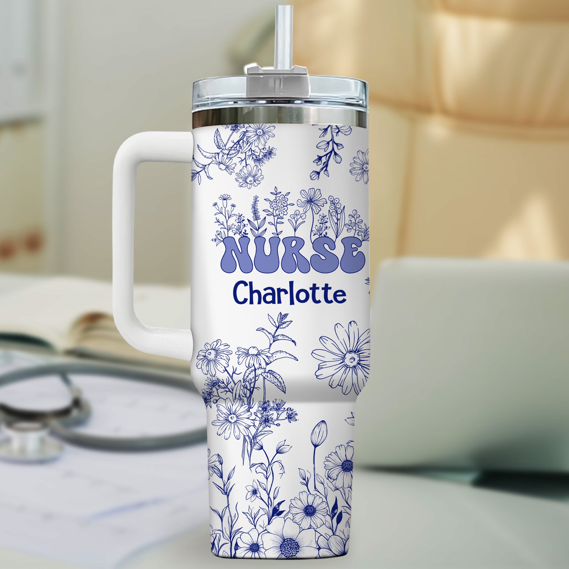 Floral Nurse 40oz Tumbler, Personalized Floral Nurse Tumbler: Travel Mug with Handle, Nurse Doctor - Blue Floral - Nurse Appreciation