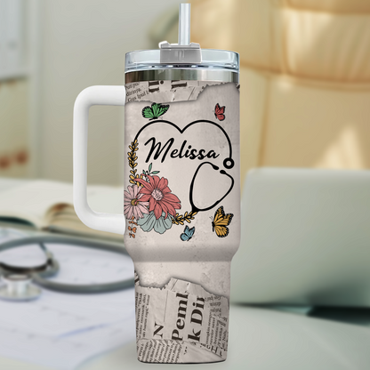 No Matter How Hard the Days Get Nurse 40oz Tumbler, Stethoscope Design, Motivational Gift for RN, Nursing Appreciation Travel Cup With Handle