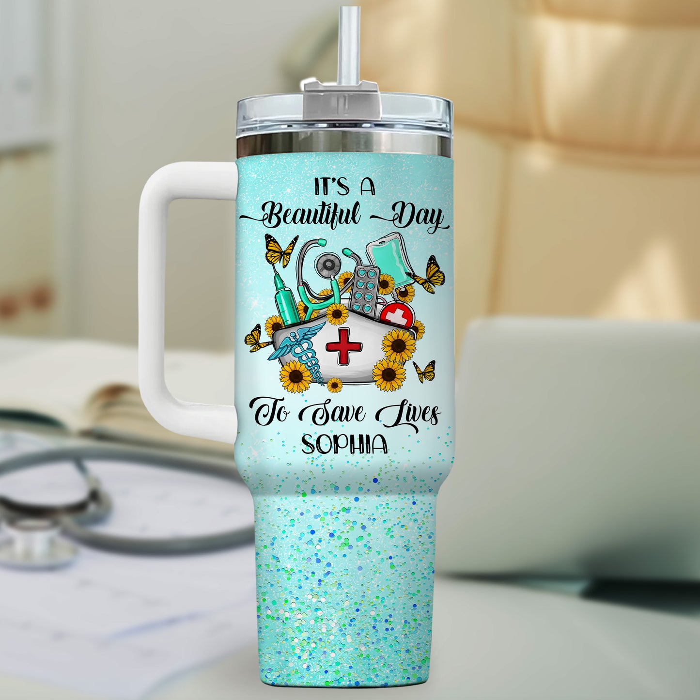 It’s a Beautiful Day to Save Lives 40oz Tumbler – Custom Nurse Gift, Personalized Stainless Steel Travel Cup, Reusable Coffee Mug