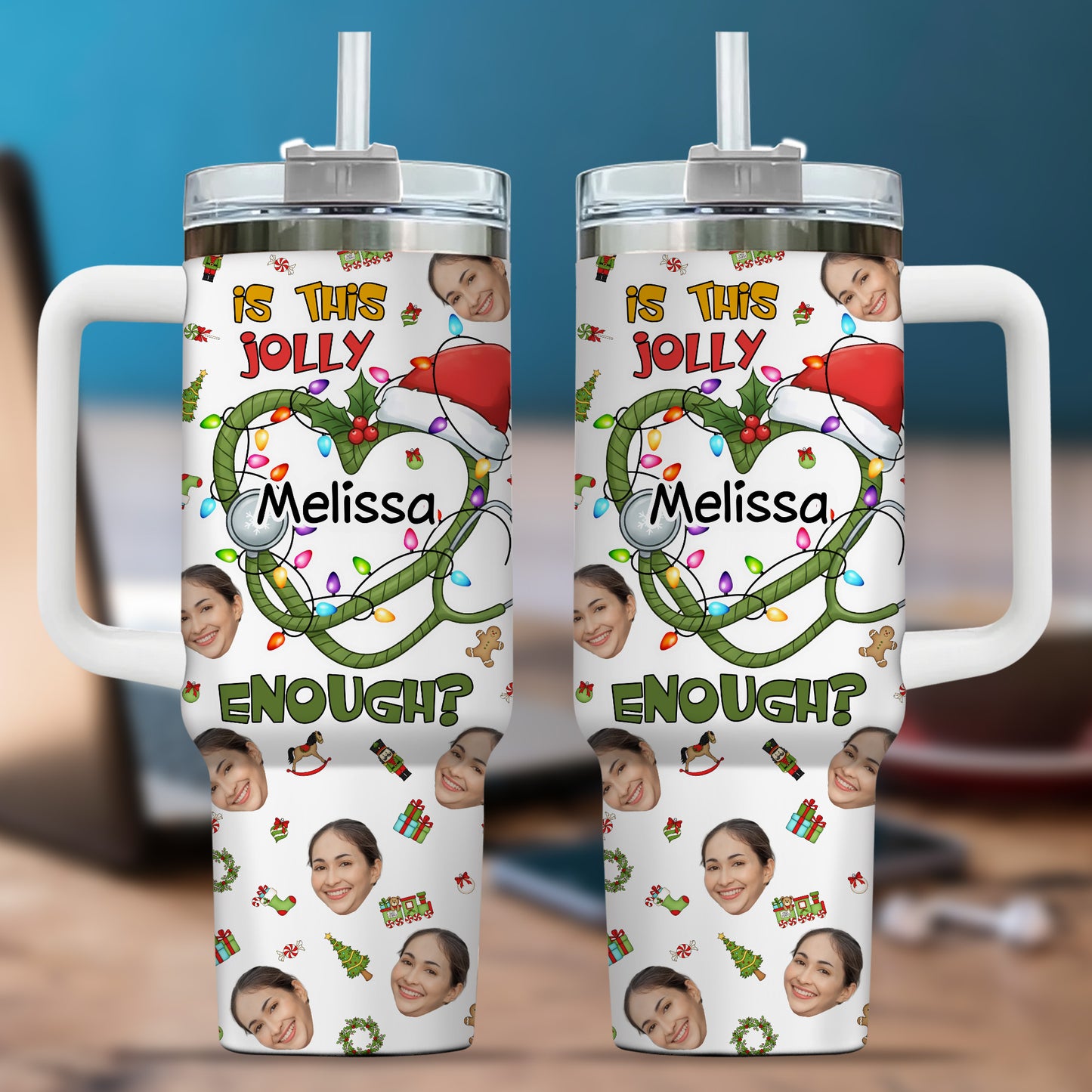 Is This Jolly Enough Heart Nurse 40oz Tumbler, Custom Photo and Name, Christmas Gift for RN Nurse, Holiday Nursing Travel Cup
