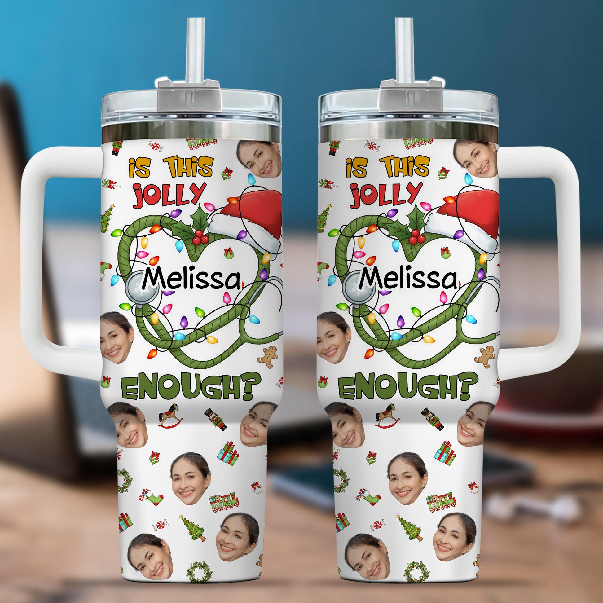 Is This Jolly Enough Heart Nurse 40oz Tumbler, Custom Photo and Name, Christmas Gift for RN Nurse, Holiday Nursing Travel Cup