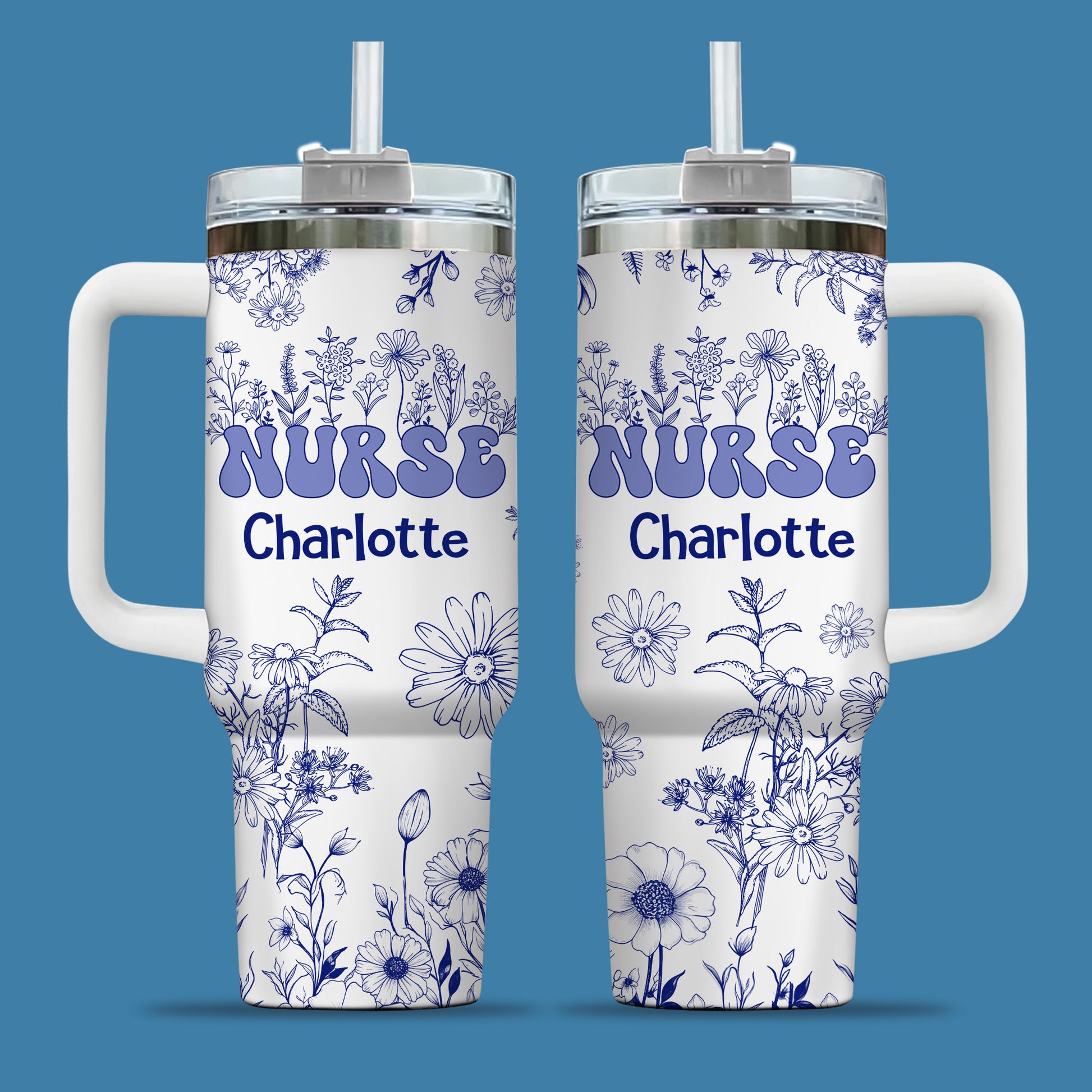 Floral Nurse 40oz Tumbler, Personalized Floral Nurse Tumbler: Travel Mug with Handle, Nurse Doctor - Blue Floral - Nurse Appreciation