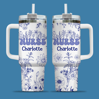 Floral Nurse 40oz Tumbler, Personalized Floral Nurse Tumbler: Travel Mug with Handle, Nurse Doctor - Blue Floral - Nurse Appreciation
