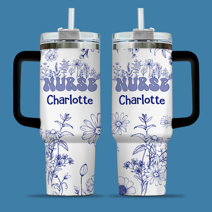 Floral Nurse 40oz Tumbler, Personalized Floral Nurse Tumbler: Travel Mug with Handle, Nurse Doctor - Blue Floral - Nurse Appreciation