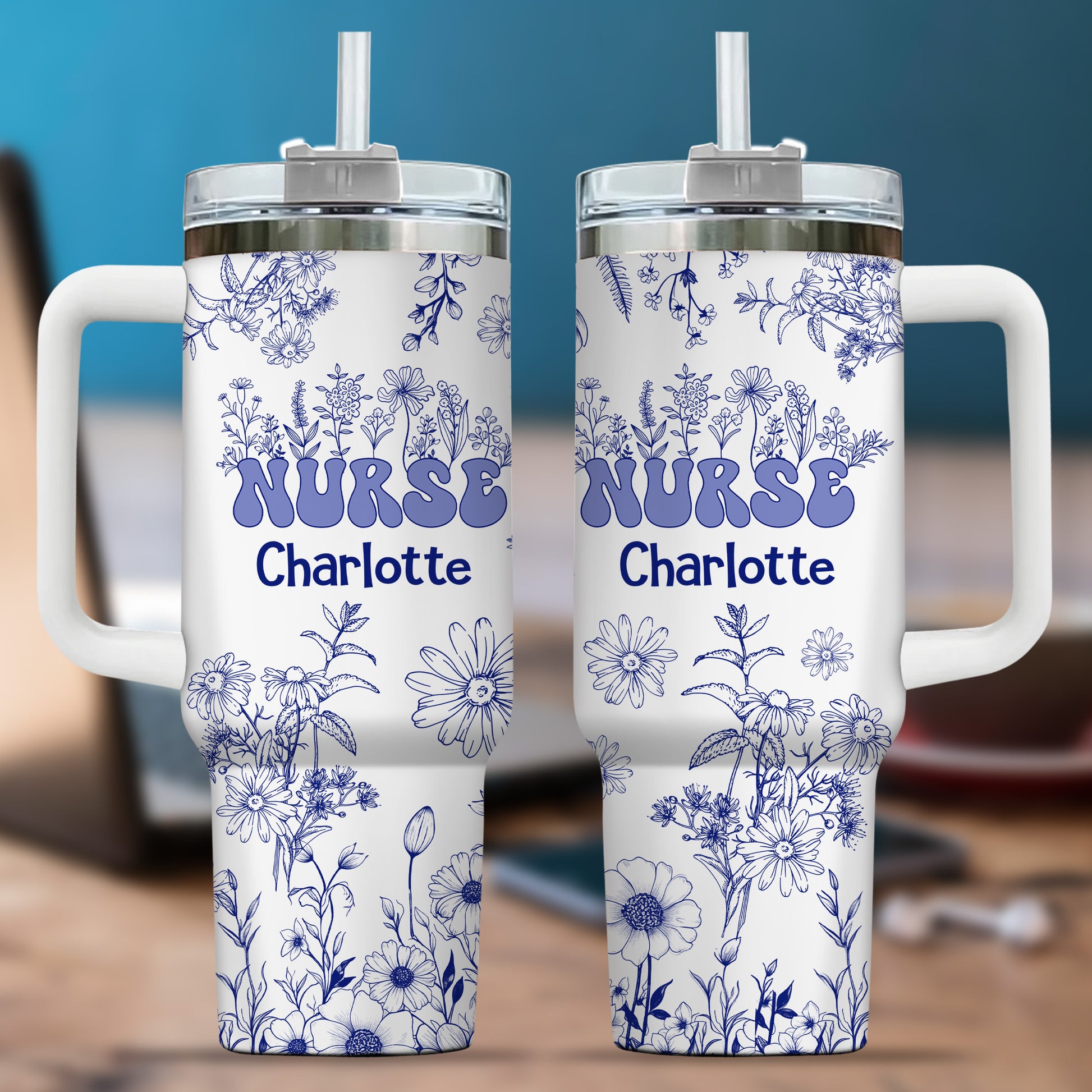 Floral Nurse 40oz Tumbler, Personalized Floral Nurse Tumbler: Travel Mug with Handle, Nurse Doctor - Blue Floral - Nurse Appreciation