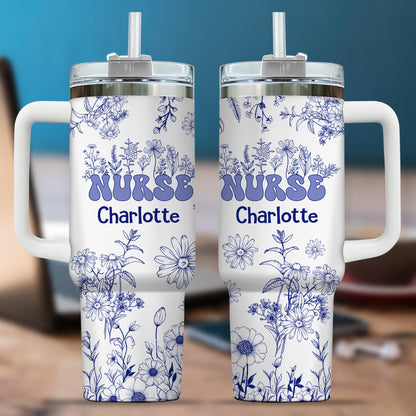 Floral Nurse 40oz Tumbler, Personalized Floral Nurse Tumbler: Travel Mug with Handle, Nurse Doctor - Blue Floral - Nurse Appreciation